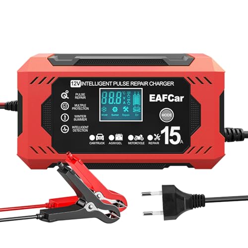 EAFCar 15A Autobatterie Ladegerät, 12V Smart vollautomatische KFZ Batterieladegerät mit Temperaturkompensation für Auto LKW Motorrad Rasenmäher Boot Marine Batterien(15A)