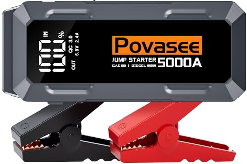 Povasee Starthilfe Powerbank, 5000A Starthilfe (bis zu Alle Benzin/10L Diesel) mit 3 Zoll LCD-Display, Starthilfe Auto mit Zwei USB-Ausgängen, Starthilfekabel und LED, Jump Starter für 12V Fahrzeuge