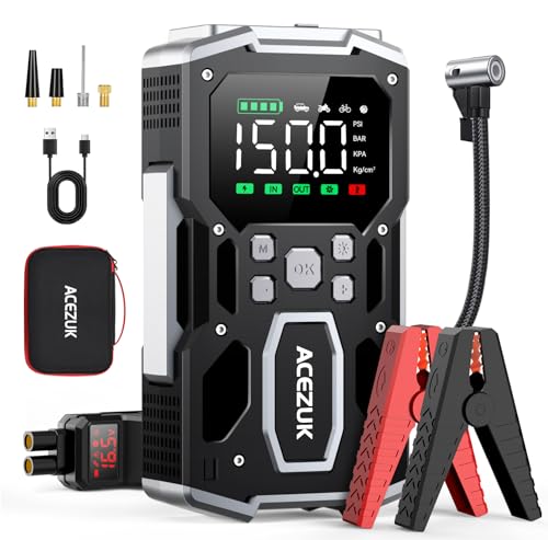 ACEZUK Starthilfe Powerbank mit 26800mAh 6000A Spitzenleistung,150PSI Kompressor, 4-in-1 Powerbank als Auto Starthilfe mit LCD Bildschirm, Tragbare Starter Powerbank mit LED Taschenlampe