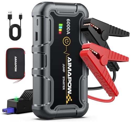 AIMAPOW Starthilfe Powerbank 6000A 12V (All Benziner/10,0L Diesel) Auto Starthilfe mit LED-Taschenlampe, großen Bildschirm, Jumper Bildschirm, Autobatterie Booster für SUV Motorrad Rasenmäher