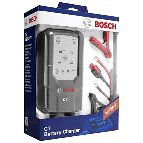 Bosch C7 - intelligentes und automatisches Batterieladegerät - 12V-24V / 7A - für Blei-Säure, GEL, Start/Stopp EFB, Start/Stopp AGM-Batterie für Motorräder, Pkw, Kleintransporter