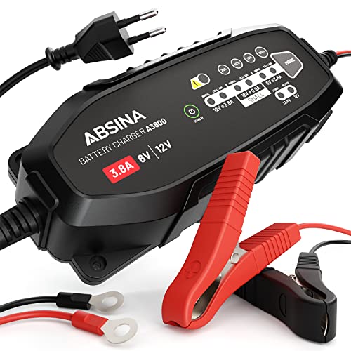 ABSINA 3,8 A Batterieladegerät KFZ für 6V & 12V Blei Batterie bis 120Ah & 12,8V Lithium - Ladegerät Autobatterie - AGM Ladegerät 12V für Auto Motorrad Wohnwagen - Erhaltungsladegerät