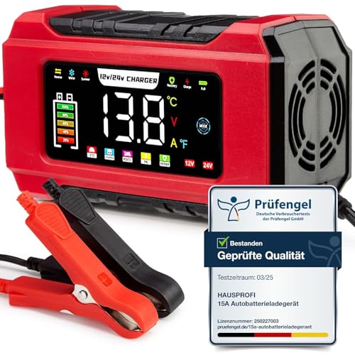 15A Autobatterieladegerät 12V/24V, HAUSPROFI Intelligentes KFZ Batterieladegerät mit 9-Stufen-Ladung, LCD-Display für Auto, LKW, Motorrad, Boot - Kompatibel mit Blei-Säure, AGM, EFB, LiFePO4 Batterien