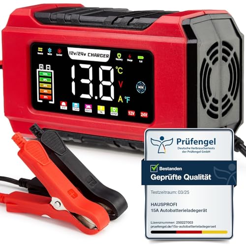 HAUSPROFI 15A Autobatterieladegerät 12V/24V mit Reparaturmodus & Erhaltungsladung, 9-Stufen-Ladung, LCD-Display für Auto, LKW, Motorrad, Boot - Kompatibel mit Blei-Säure, AGM, EFB, LiFePO4 Batterien