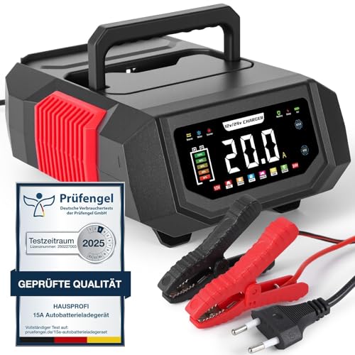 Autobatterie Ladegerät 12V/24V, HAUSPROFI 20A Intelligentes Batterieladegerät KFZ mit Einstellbarem Strom, 9-Stufige Ladung & Reparaturmodus für Auto, Motorrad, LKW, Blei-Säure, AGM, Lithium LiFePO4